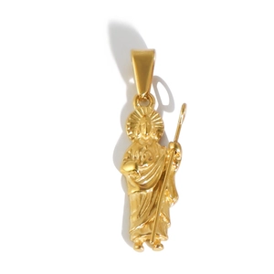 Pendentif religieux en acier inoxydable plaqué or avec figurine de saint et son halo