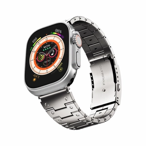 Vista detallada de la correa de acero inoxidable plateado para Apple Watch Ultra