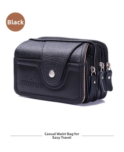 Side view of multi-layer black pebble leather men's waist bag with three metal zippers