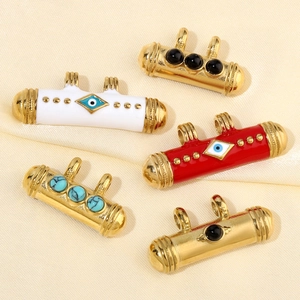 French retro natural stone pendants with evil eye enamel and gemstone on gold silk fabric