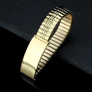 Gold elastic stainless steel watch band bracelet with blank rectangular ID plate