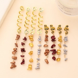Set of golden spiral hair rings with natural stone charms for braids and dreadlocks