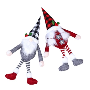 Pair of Christmas gnome curtain tiebacks with grey and red plaid hats and long white beards