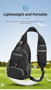 Close-up of black nylon shoulder bag with breathable mesh strap and phone pouch