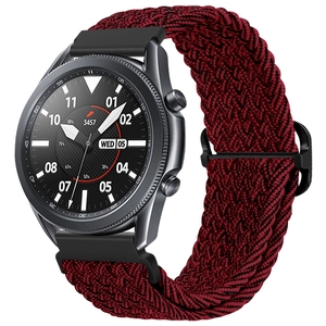 Macro detail of red woven nylon watch strap with adjustable clasp for Samsung Galaxy Watch