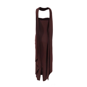 Detailed view of the dark brown halter dress featuring a cascading drape and open back design
