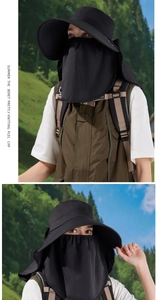 Detail of breathable mesh face mask and snap button on black outdoor sun protection hat