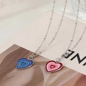 Retro colorful enamel heart pendant necklace with silver beaded chain for women
