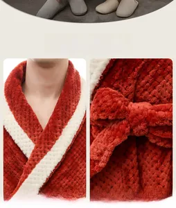 Detail of red flannel bathrobe featuring contrast collar and waist tie bow knot