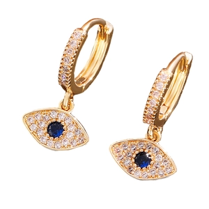 Golden evil eye hoop earrings with blue zircon and small white crystals for women