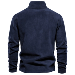 Back view of navy blue polar fleece sweatshirt featuring a high stand collar and thick texture