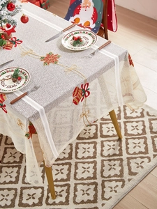 Detailed Christmas tablecloth featuring festive bell embroidery and elegant lace mesh