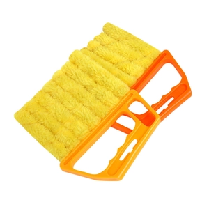 7-finger blind cleaner tool with orange handle and yellow microfiber for dust removal