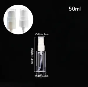 50ml clear PET lotion spray bottle detail showing dimensions and two nozzle options
