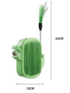 Macro detail of cactus shaped cat self groomer with mint ball and feather toy on spring