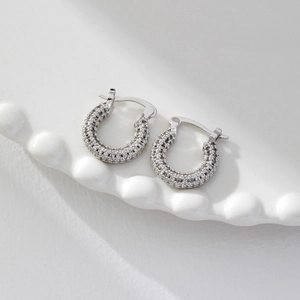 Elegant 18K gold plated hoop earrings with full pave cubic zirconia on a white plate