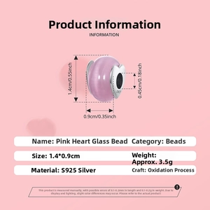 Macro detail of S925 silver pink heart glass bead with precise size and weight specs