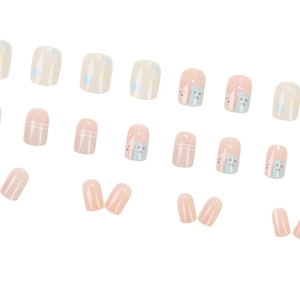Short press-on nails set with cute cartoon bear graffiti and blue polka dot patterns