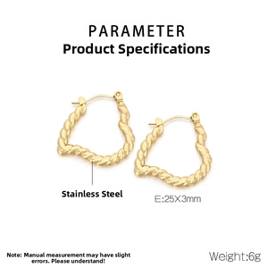 Detailed view of gold twisted heart hoop earrings in stainless steel with 25mm dimensions