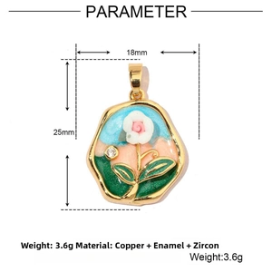 Detailed view of 18k gold plated enamel flower pendant with zircon and dimensions