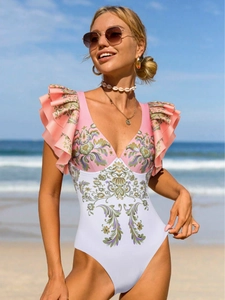Detail of V-neck one-piece swimsuit with pink ruffled sleeves and baroque floral print
