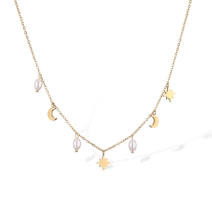 Detail of 18K gold-plated necklace with white pearls, gold stars and moon pendants