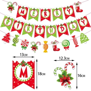 Detailed view of Merry Birthday banner set with size specs and festive icons