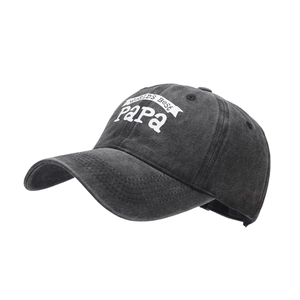 Black washed denim baseball cap with World's Best Papa print from a side angle