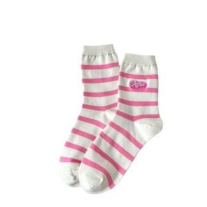 Classic white and pink striped cotton crew socks with SHOW embroidery for women