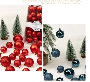 Detailed view of red and blue Christmas balls with matte, glossy, and glitter textures