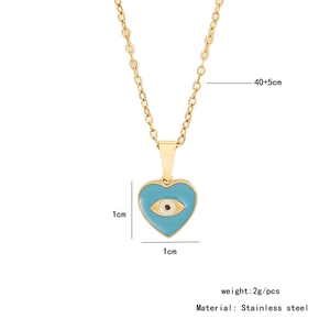 Detail showing dimensions of blue heart evil eye pendant on a gold stainless steel chain