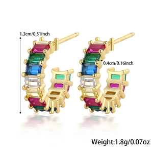 Detailed view of rainbow rectangle zircon silver earrings with 1.3cm size dimensions