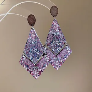 Bohemian geometric diamond-shaped wooden drop earrings with intricate ethnic mandala pattern