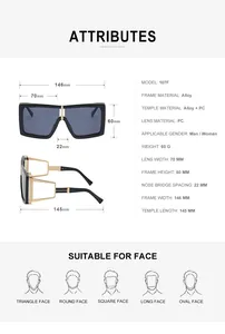 Detailed size chart showing steampunk sunglasses frame dimensions and alloy materials