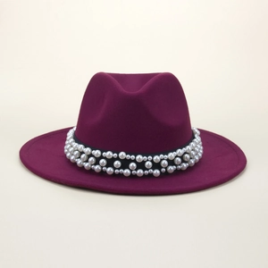 Elegant wine red wool fedora for women with black ribbon and white pearl accents