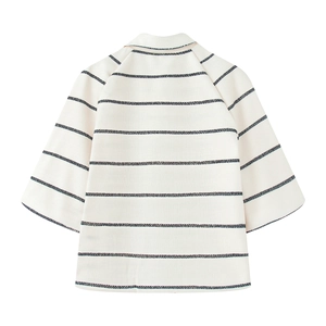 Detailed back view showing the breathable cotton-linen texture and dark grey thin stripes