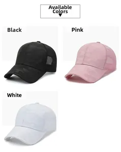 Detailed views of camouflage mesh baseball caps in black, pink, and white color options