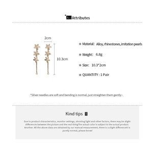 Detailed dimensions of lily drop earrings with rhinestones and faux pearls on silver needles