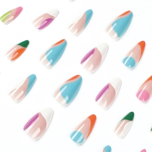 Colorful almond French press-on nails with vibrant geometric abstract patterns