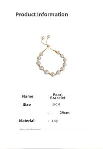 Detail view of adjustable pearl bracelet with dimensions 29cm and weight 5.6g