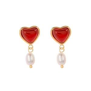 Elegant 18k gold plated stainless steel red heart earrings with a white pearl pendant