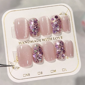 Sweet Pink Cat Eye Press On Nails With Glitter Sequins Handmade Short Square Round False Nails Set For Women