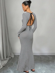 Robe sirène rayée ajustée avec dos nu et détail à nouer pour femmes en automne
