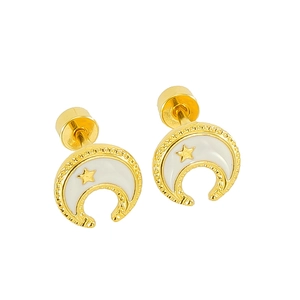 Detailed side view of moon and star stud earrings in gold with white enamel inlay