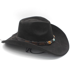 Detail of black faux suede cowboy hat with brown leather band, wood beads and turquoise stone