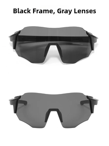 Detail view of sports sunglasses featuring a black frame and grey lens for outdoor cycling