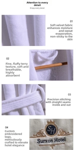Detail view of white hotel bathrobe with velvet pile fabric and custom logo embroidery