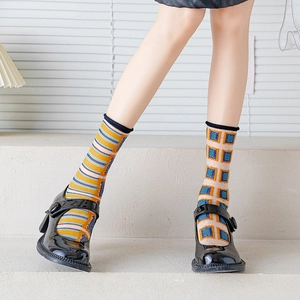 Japanese style sheer thin crew socks with asymmetric blue and orange retro patterns