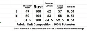 Detaillierte Größentabelle für den gestreiften Strickpullover mit Materialangaben