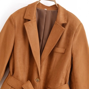 Blazer da donna in finto camoscio marrone con rever e cintura per moda casual quotidiana